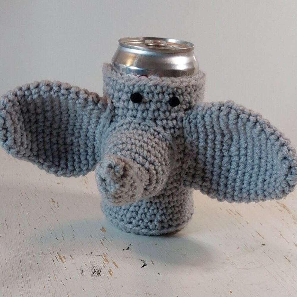 Fun Elephant Koozie Handmade Gift Idea Crochet Animal Whimsical Unique Creative - Picture 2 of 8